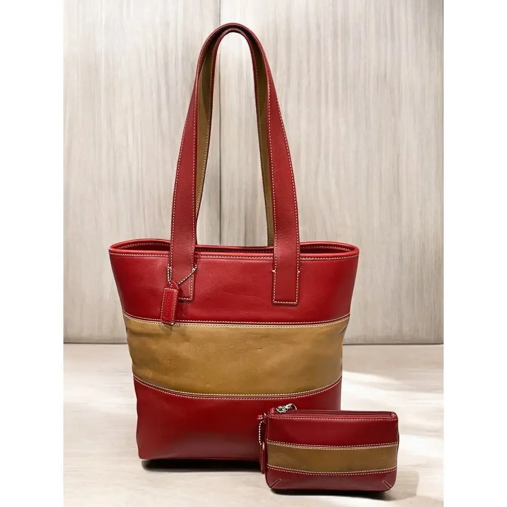 Vintage Coach 9348 Leather Rugby Stripe Tote Bag & Skinny Wristlet